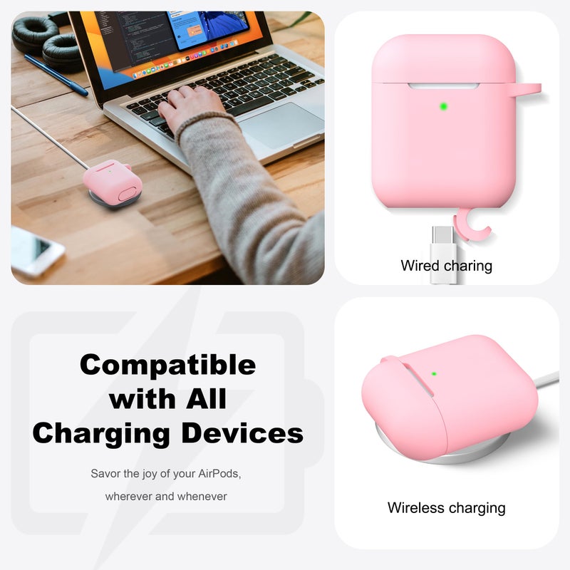 R-fun Compatible with AirPods Case Cover, Soft Silicone Protective Cover with Keychain for Women Men Compatible with Apple AirPods 2nd 1st Generation Charging Case, Front LED Visible,Pink - Image 4